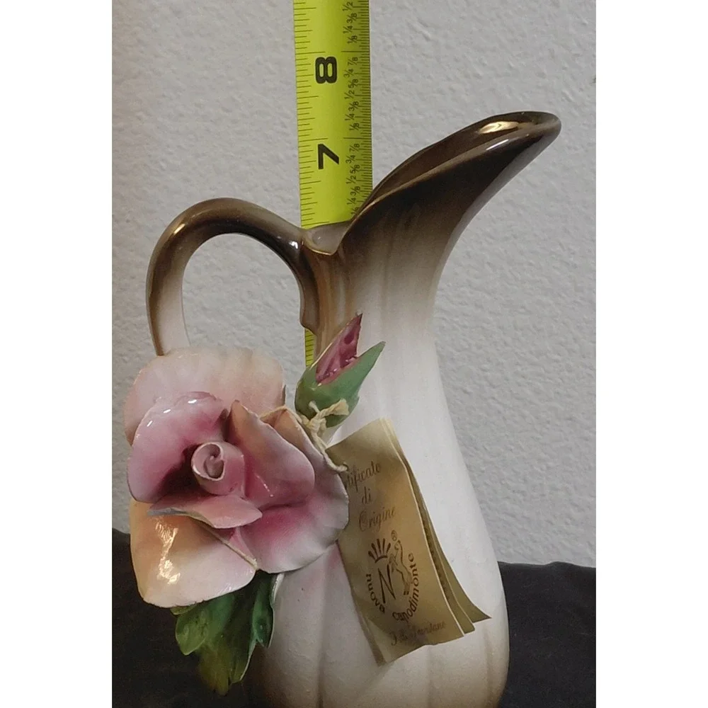 Vintage Nuova Capodimonte Italy Porcelain Pink Rose Pitcher Vase F.lli Savastano
